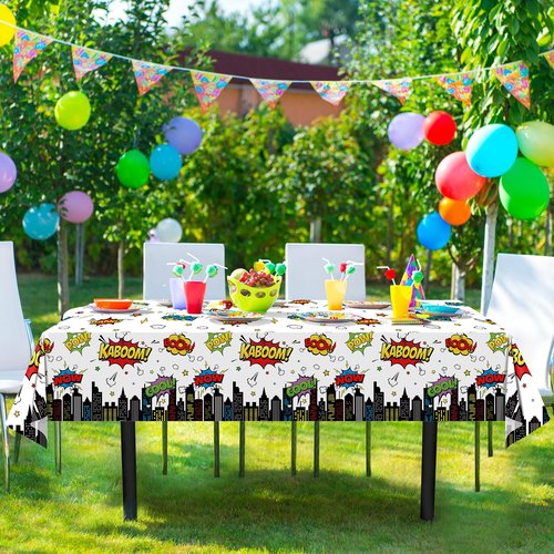3Pcs Hero Themed Birthday Party Tablecloths Decorations,White Cityscape Super Bang Plastic Table Cover Disposable Rectangle Table Cloth for Baby Shower Kids Boys Birthday Party Supplies,54x108 Inch