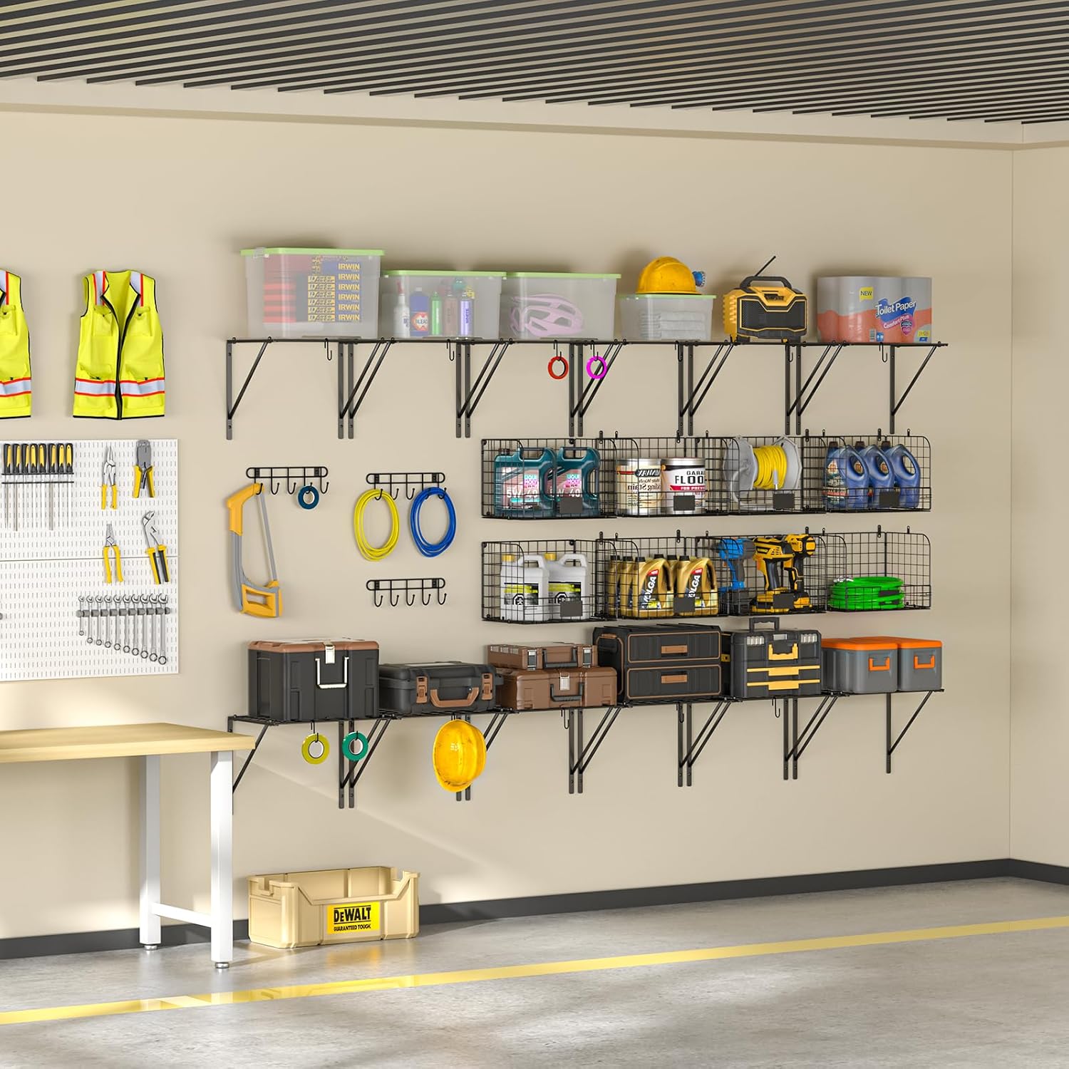 ThreeHio Garage Shelves - Heavy Duty Wall Mounted Shelving with Wire Baskets & Hooks | 2 Pack Tool Organizer