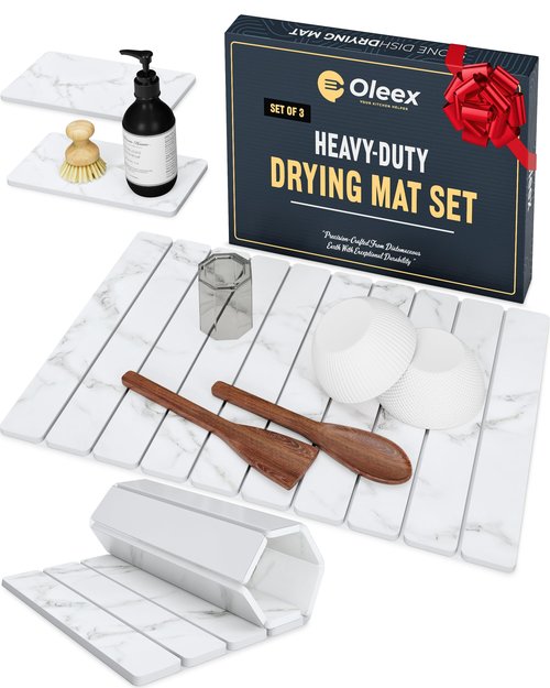 Oleex 3-Pack Stone Dish Drying Mat Set for Kitchen Counter-Collapsible Diatomaceous Earth Pad Absorbs Water & Dries Dishes Fast | Includes 1 Large 24”x16” & 2 Small 4”x9” Non-slip, Odor-Resistant Mats
