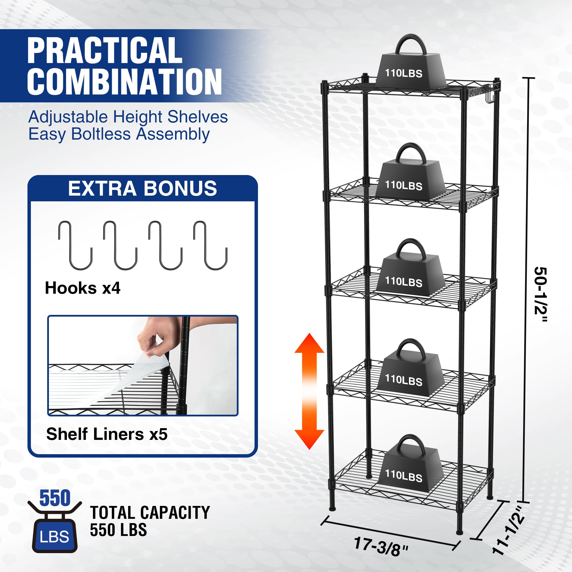 WORKPRO Storage Shelves, 5-Tier Metal Shelving, Garage Wire Rack, 17-3/8"W x 11-1/2"D x 51-1/2"H, 550 LBS Load Capacity, Standing Food Shelving Unit, Adjustable Shelf for Kitchen Pantry Closet Garage