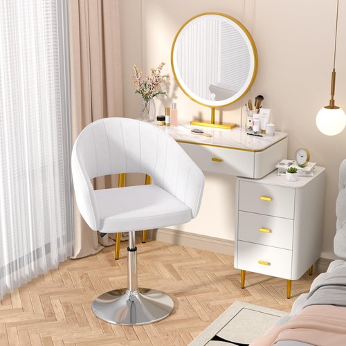 VECELO Velvet Accent Chair, Adjustable Luxury Vanity & Dining Chair with Gold Barstool Base, 360°Swivel Upholstered Armchair for Living Room, Bedroom, Home Office, Pearl White