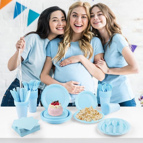 Kochorie 480 Pieces Light Blue Plastic Dinnerware Set Disposable Heavy Duty Plates Napkins Cups Silverware Dessert Dinner Plates for Birthday Wedding Baby Shower Party Supplies, Serves 60 Guests