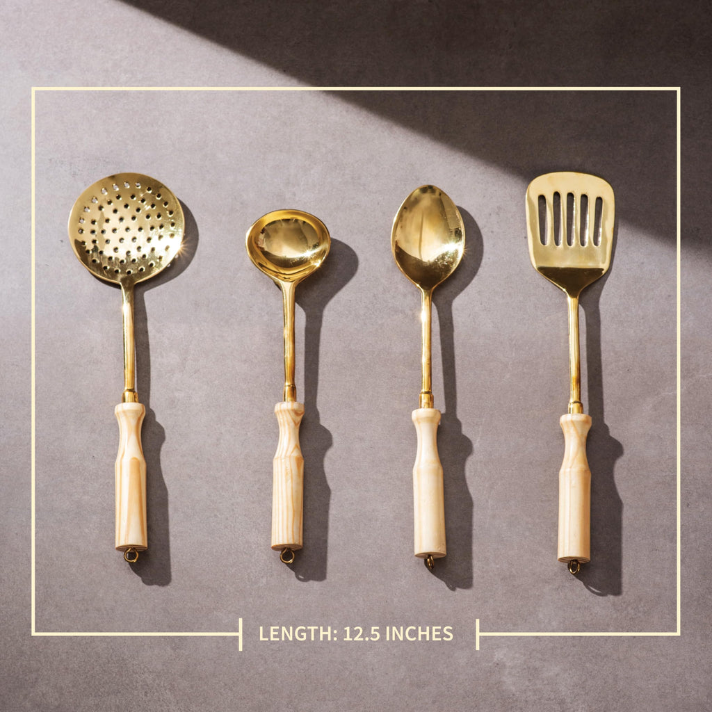 P-TAL Brass Ladle Set for Kitchen Ptal Brass Utensils Serving and Kitchen Tools Scoop Ladle Skimmer Serving Spoon Spatula Set of 4, 7 in,