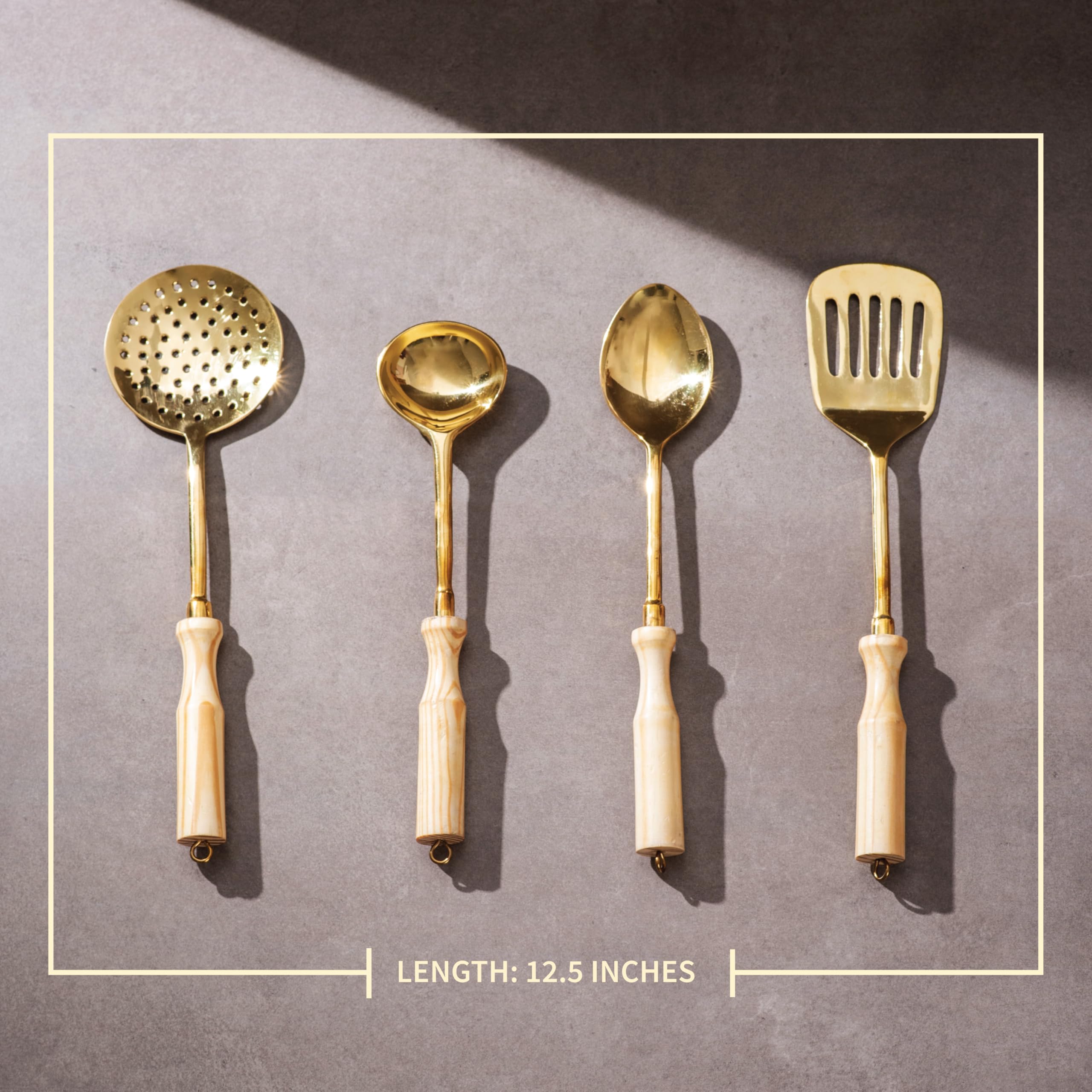 P-TAL Brass Ladle Set for Kitchen Ptal Brass Utensils Serving and Kitchen Tools Scoop Ladle Skimmer Serving Spoon Spatula Set of 4, 7 in,