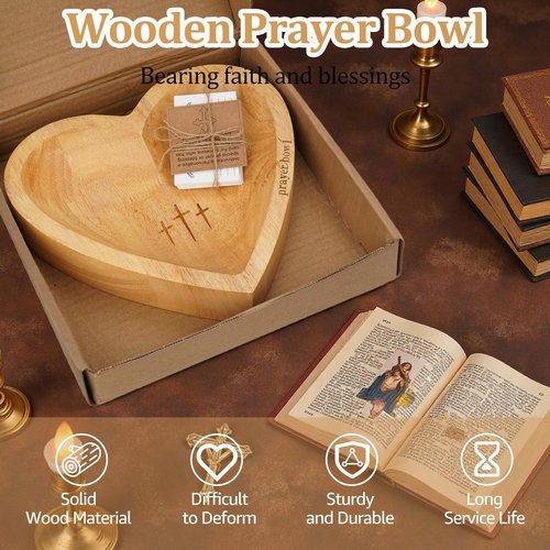 Prayer Bowl with Cards, Heart Prayer Bowl Wooden, Christian Gifts for Women Men, Wood Prayer Dough Bowl, Heart Shaped Decor Bowl, Mothers Day Gifts, Birthday, Retirement, Religious Gift for Mom Dad
