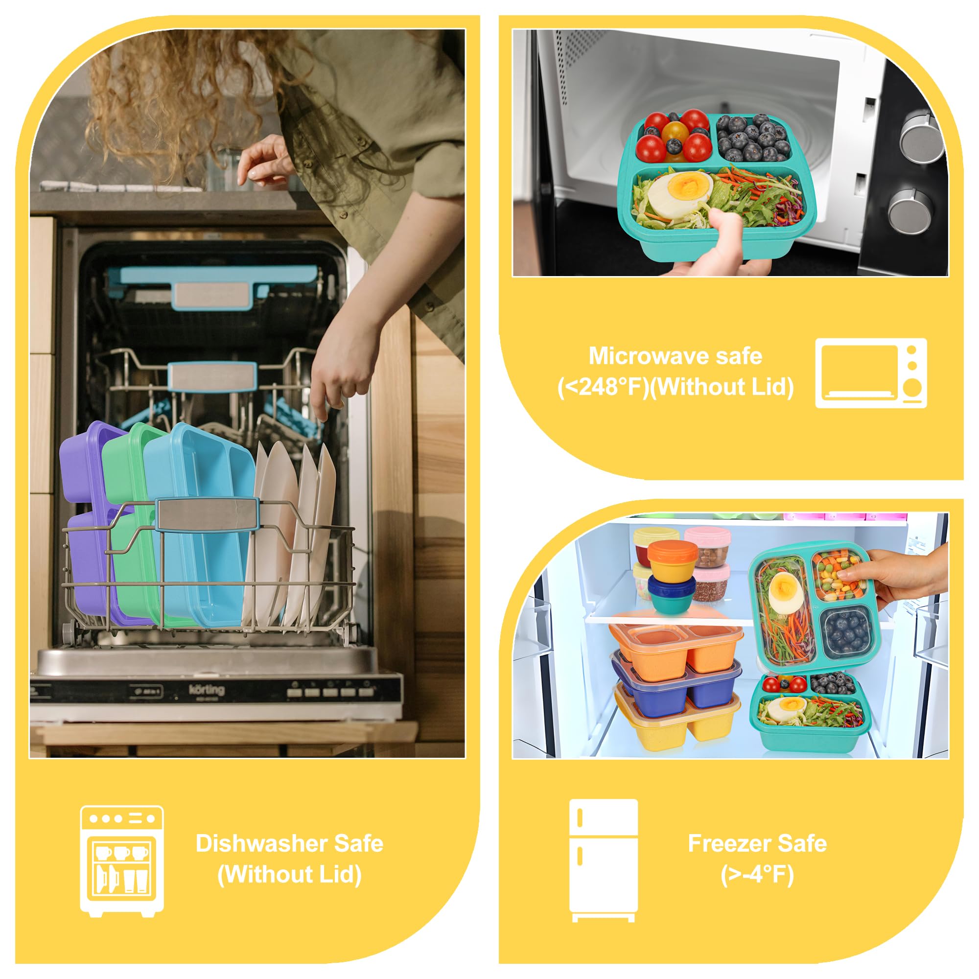 TOUWMX Bento Box For Kids, 4 Pack 3 Compartments Lunchable Meal Prep Containers Lunch Containers, Reusable Snack Containers with Lids, Snack Boxes for School, Work, and Travel