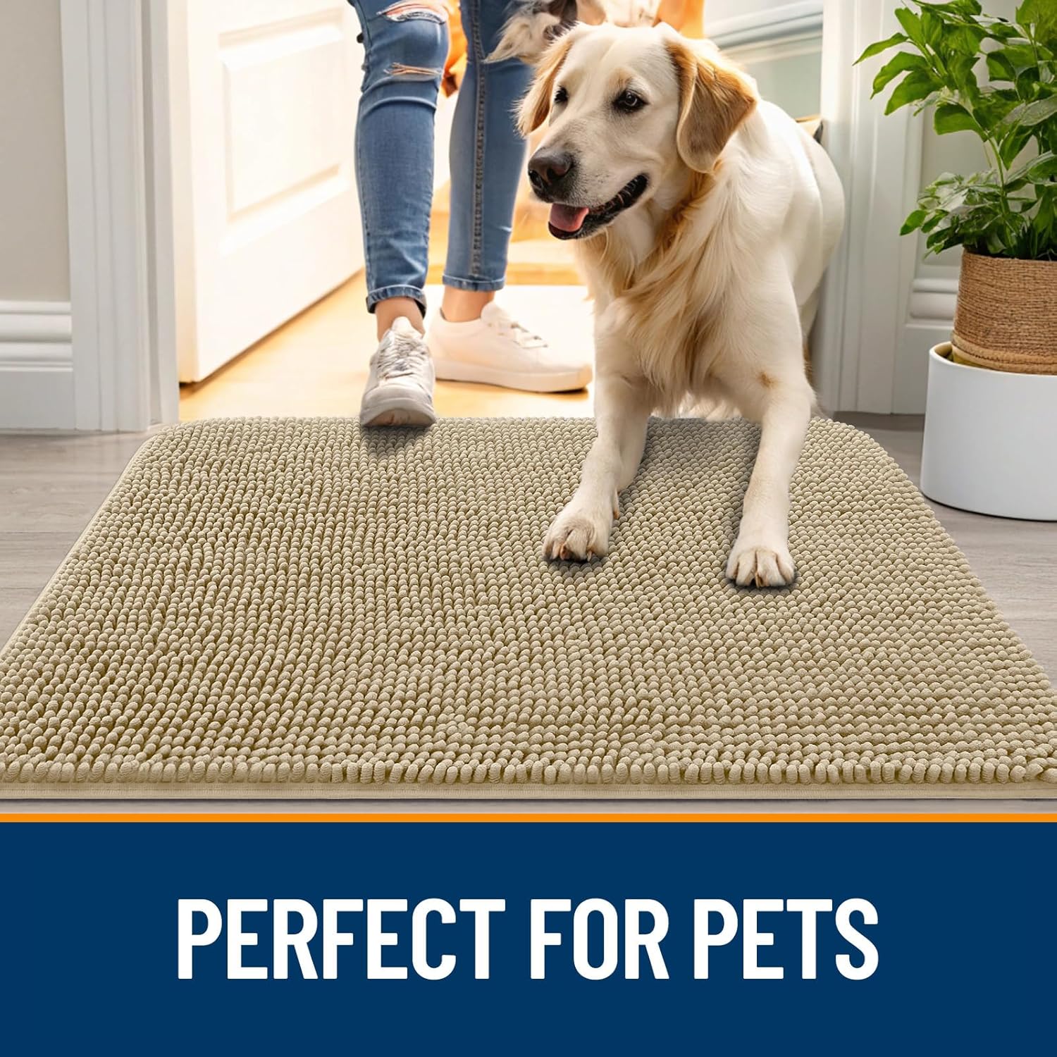 OLANLY Dog Door Mat - Absorbent Non-Slip Washable Chenille Mat for Muddy Paws | 40x32, Beige
