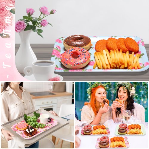 Tiangrid 4 Pcs Melamine Serving Trays Platters Snack Trays Reusable Rectangle Platters for Sports Game Day Flower Tea Party Food Dessert Cookies Serving Plates Supplies, 13 x 9.7 Inch(Flower)