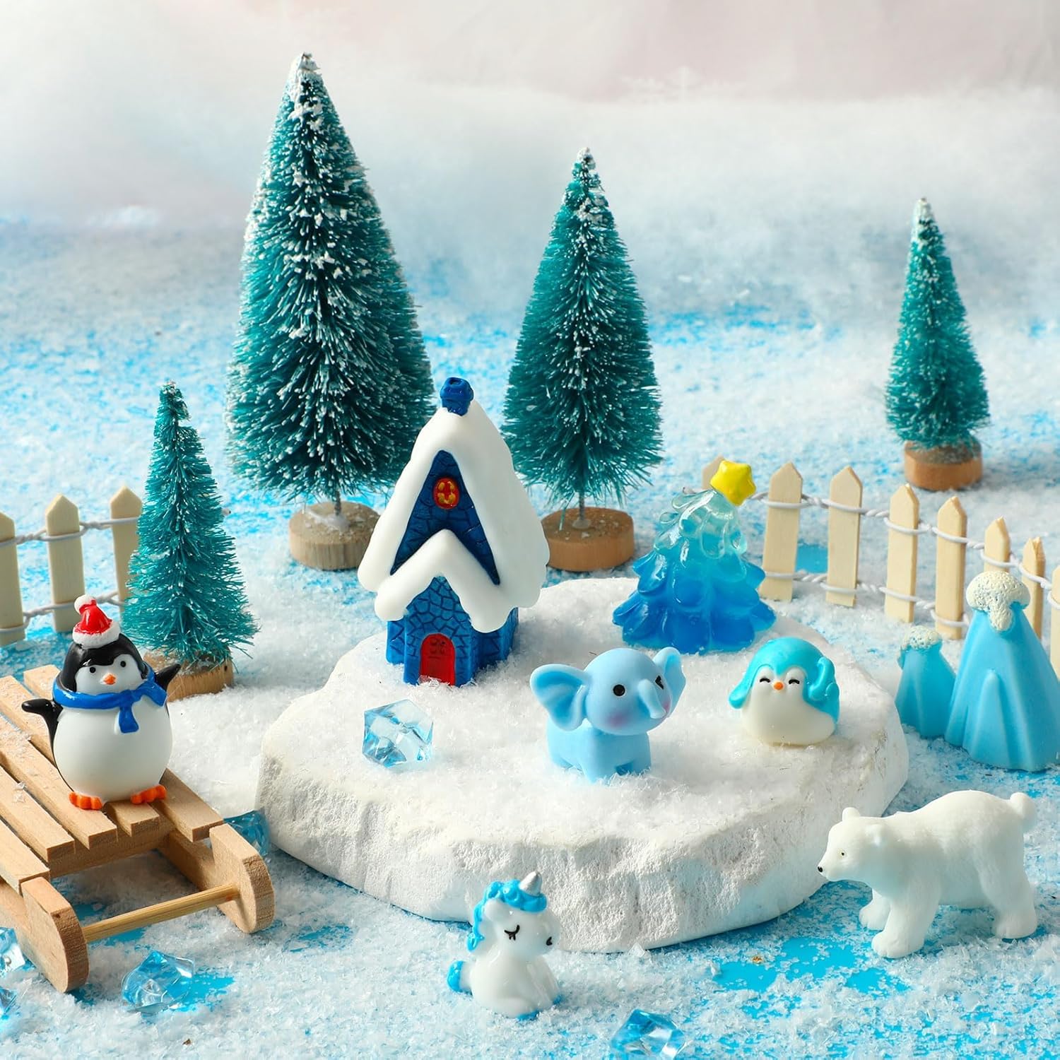 PETKNOWS Miniature Winter Figurines - Blue Theme Ice Cube Ornaments for Christmas Desktop Decor