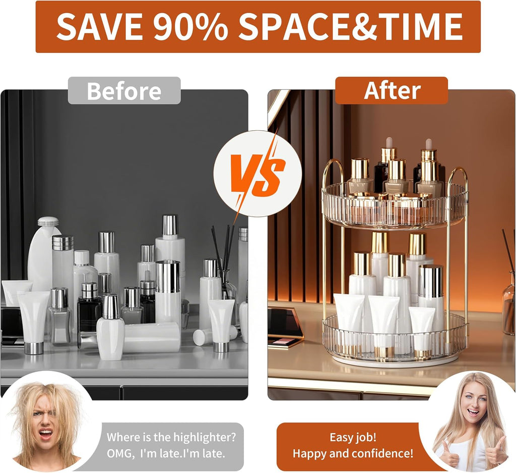 YCIA&DONE 360 Rotating Makeup Organizer - High Capacity Cosmetic & Skincare Storage | Clear White, 2 Tiers