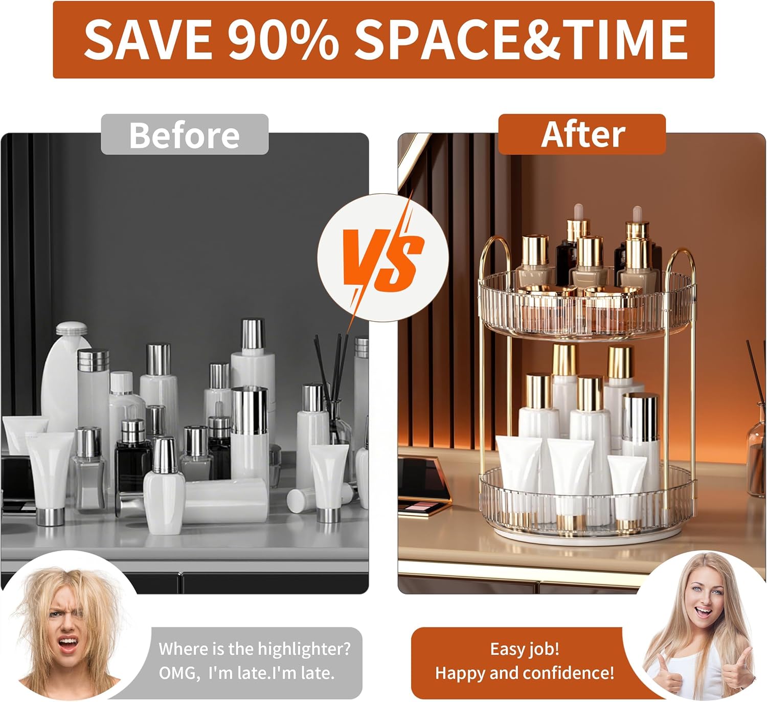 YCIA&DONE 360 Rotating Makeup Organizer - High Capacity Cosmetic & Skincare Storage | Clear White, 2 Tiers