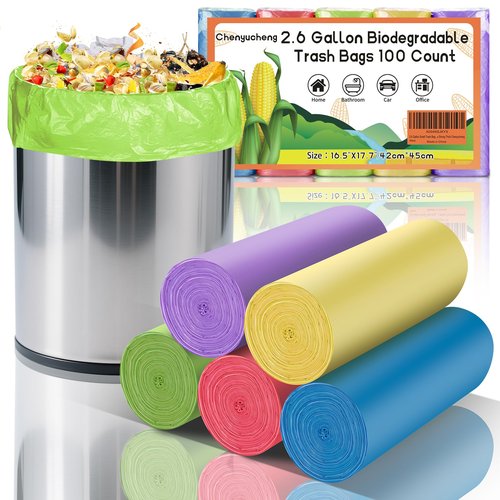 2.6 Gallon Small Trash Bags Bathroom - Compostable Colorful Mini Garbage Bags 100 Count Unscented 10 Liter Biodegradable Little Waste Basket Kitchen Office Car Tiny Liners Strong Thick Chenyucheng