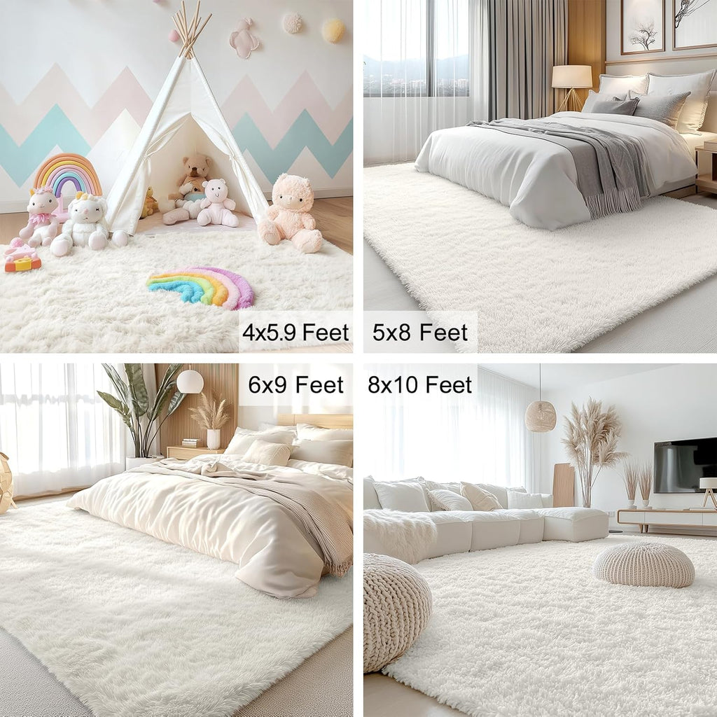 OLANLY Area Rug - Soft Fluffy Shaggy Design for Living Room & Bedroom | Machine Washable Ivory 4x8 ft