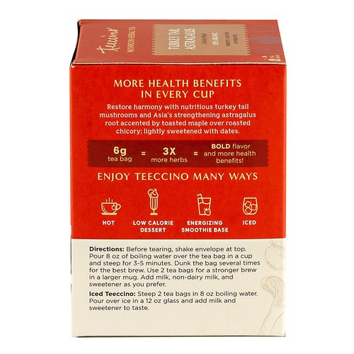 Teeccino Turkey Tail Astragalus - Toasted Maple - Caffeine Free Mushroom Adaptogenic Herbal Tea, 3x More Herbs than Regular Tea Bags, Lightly Sweet from Dates & Figs, Chicory Prebiotic - 10 Tea Bags