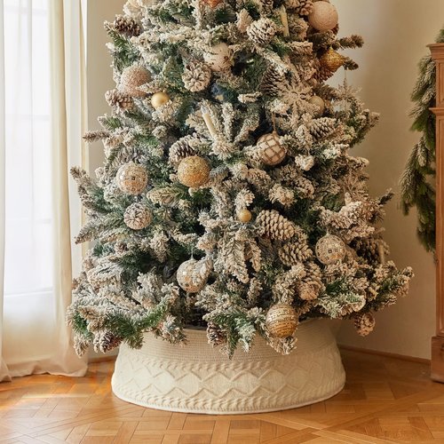 Christmas Tree Collar, Knit White Rustic Farmhouse Christmas Tree Skirt,Adjusted Christmas Tree Base Cover for Artificial Trees for 6ft 6.5 ft 7ft 7.5ft Tree
