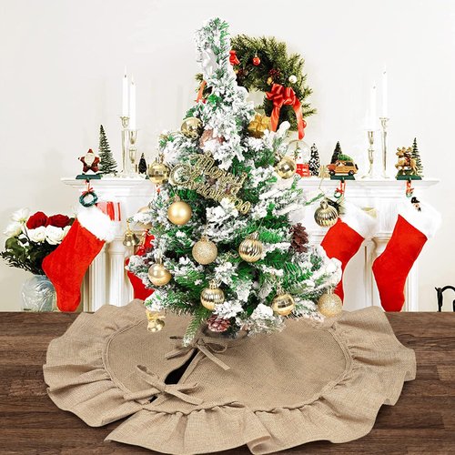Sofevaim Mini Burlap Tree Skirt 24 Inch, Small Burlap Tree Skirt with Ruffle, Boho Christmas Tree Skirt for Pencil Tree Western Christmas Farmhouse Decorations