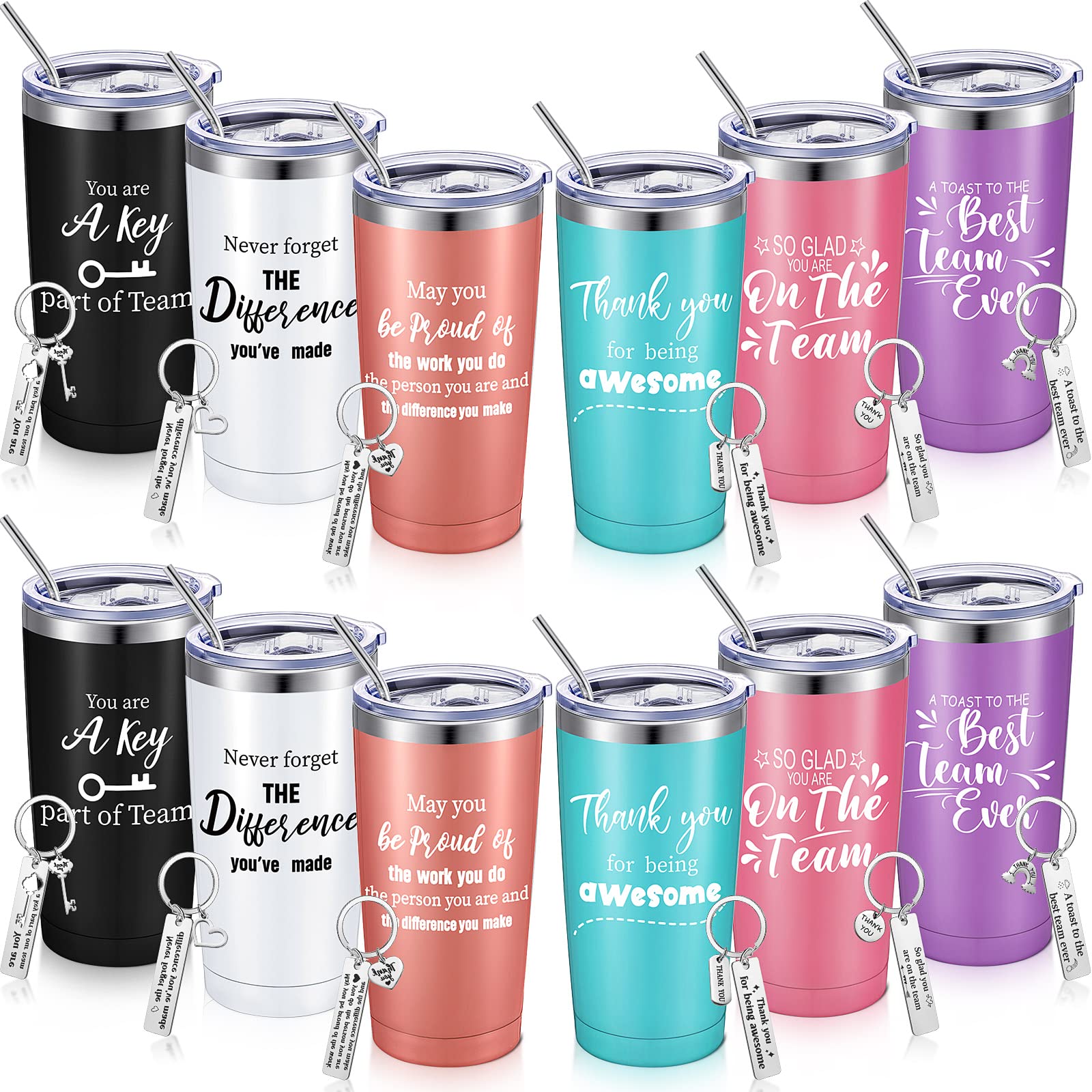 Thank You Gifts for Women Men 20 oz Inspirational Tumbler with Keychain Insulated Stainless Steel Appreciation Tumblers Team Motivational Encouragement Gift for Coworker Employees (Multicolor, 12 Pcs)