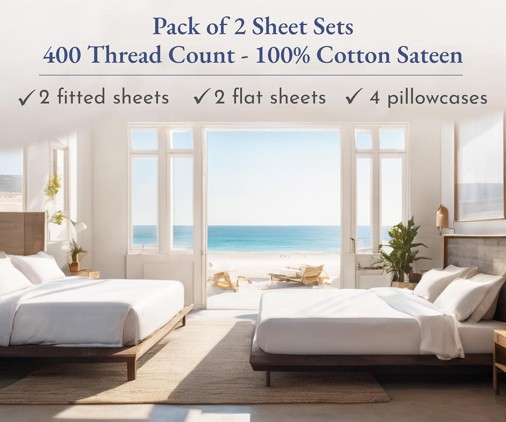 California Design Den Full Size Bed Sheets - 400 Thread Count 100% Cotton Sateen | Soft, Breathable, Deep Pocket - Antique White (2-Pack)