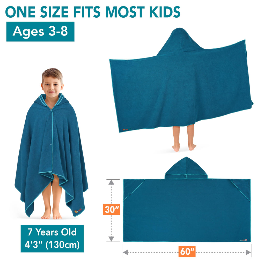 SUN CUBE Kids Hooded Towel, Absorbent Quick Dry Beach Bath Towel, Swim Surf Poncho Wrap Shower, Pool, Bath, Boys, Girls, Large 30x60 inch, Age 3-9 Years, Sea Blue