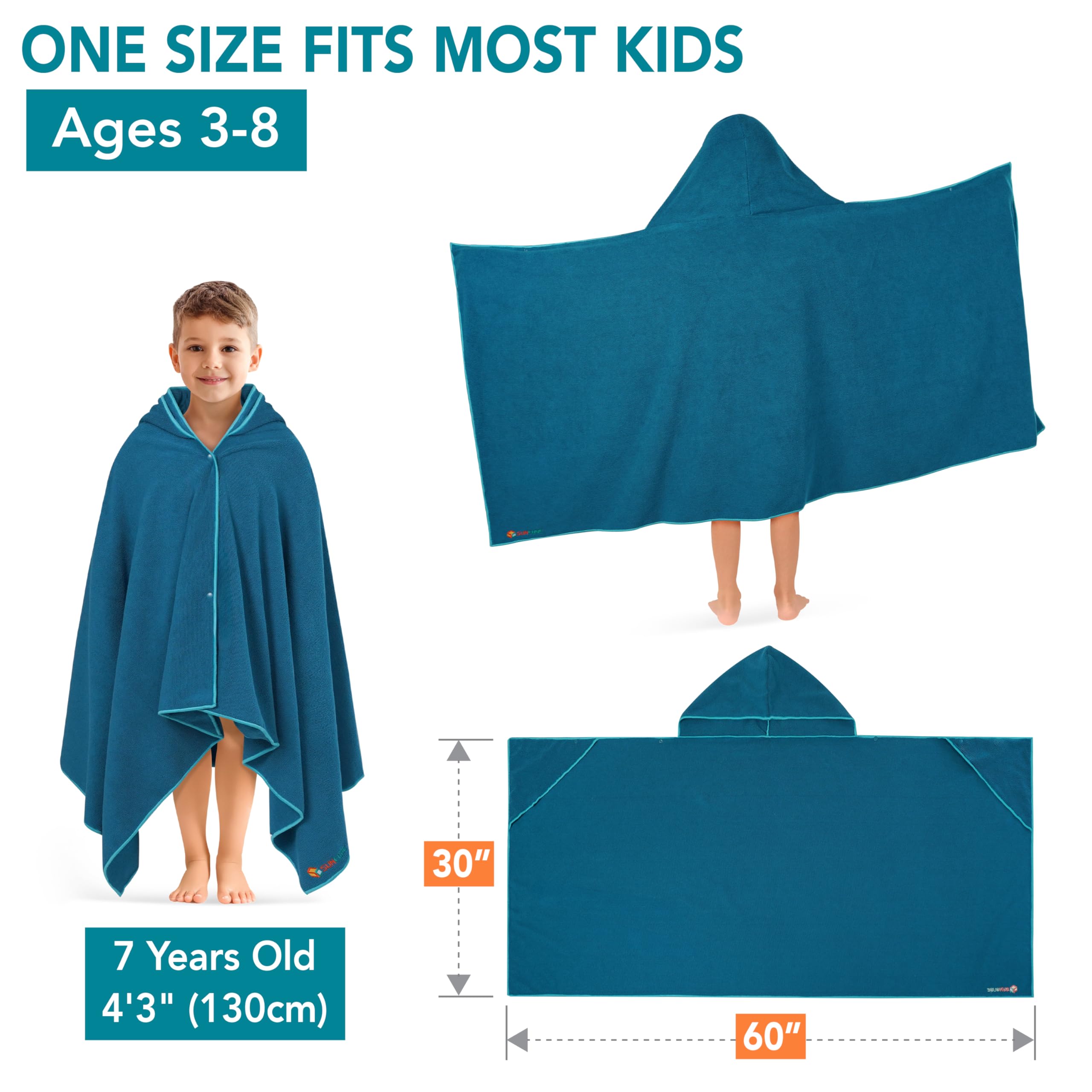 SUN CUBE Kids Hooded Towel, Absorbent Quick Dry Beach Bath Towel, Swim Surf Poncho Wrap Shower, Pool, Bath, Boys, Girls, Large 30x60 inch, Age 3-9 Years, Sea Blue