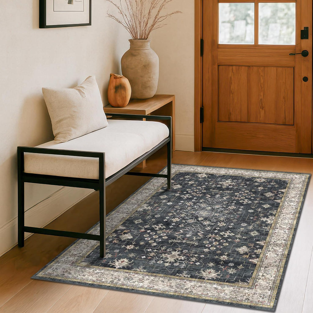 Skiennix Black Boho Washable Entry Rug - Non-Slip Rubber Backing | 3x4 Indoor Mat for Kitchen & Bathroom