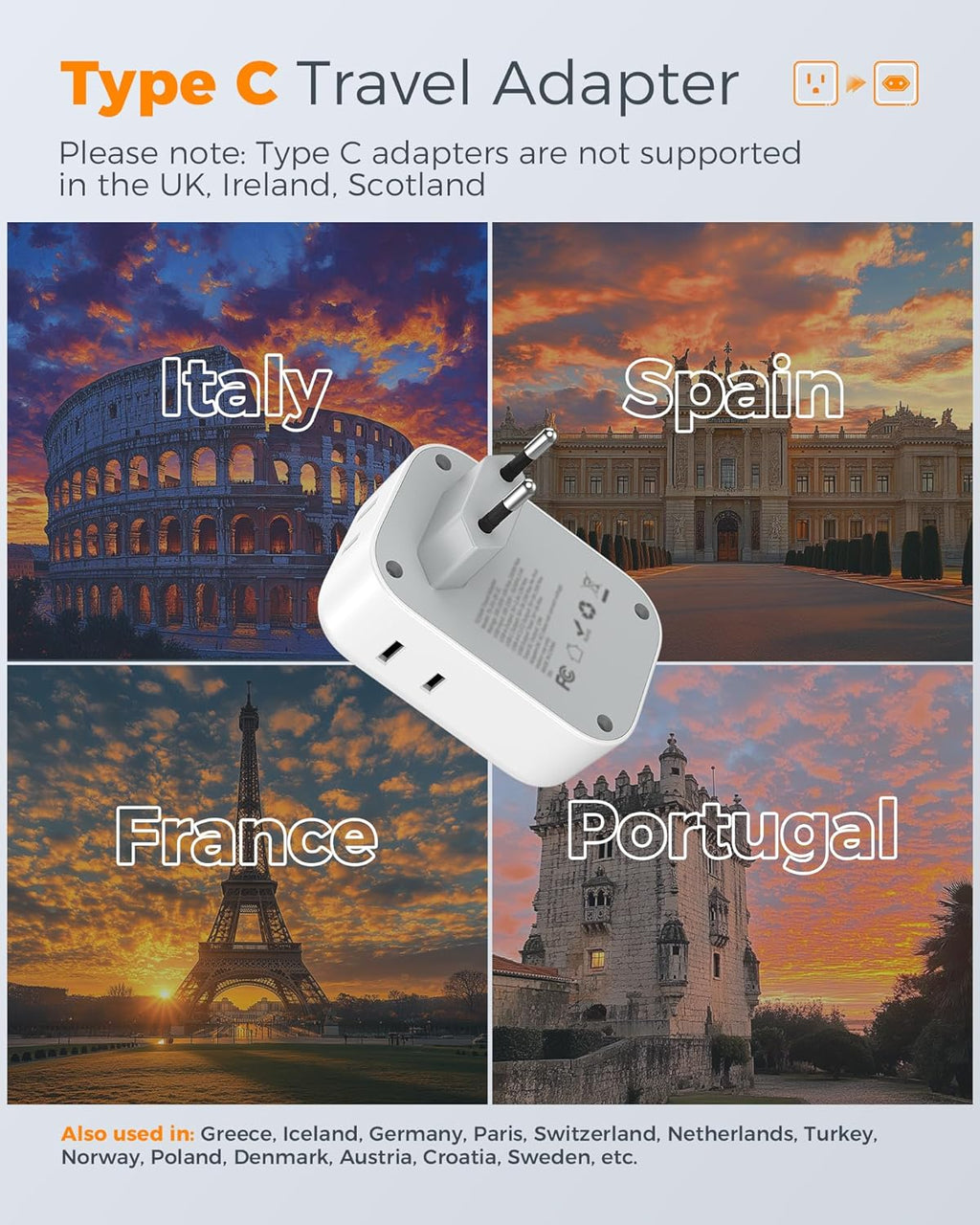 TESSAN European Plug Adapter - 2 Pack USB C Travel Charger with 4 Outlets & 3 USB Ports for Italy, Spain, France, Germany