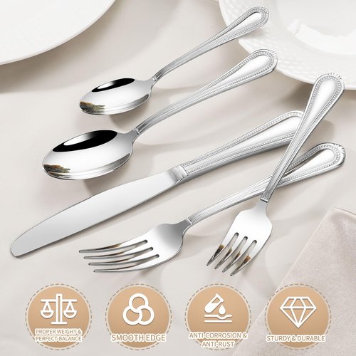 40-Piece Flatware Set for 8, Heavy Duty 18/10 Stainless Steel Silverware Set, Weighted Silverware Knives Forks and Spoons Set, Beaded Edge Handle, Dishwasher Safe