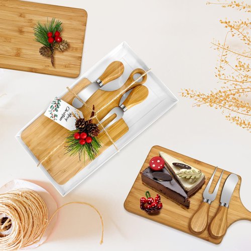 12 Set Christmas Gifts Bridal Shower Favor Bamboo Wooden Square Cheese Board Gift Set Cheese Knives Mini Cutting Board Bulk Set Tags and Boxes Christmas Party Birthday