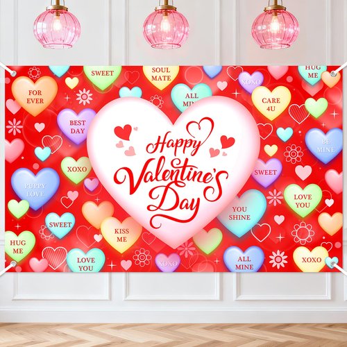 Mocsicka Valentines Backdrop Decorations Banner Red Conversation Heart Romantic Love Valentines Background Valentines Anniversary Party Decorations Photo Booth Props (Red, 6x3.6ft)