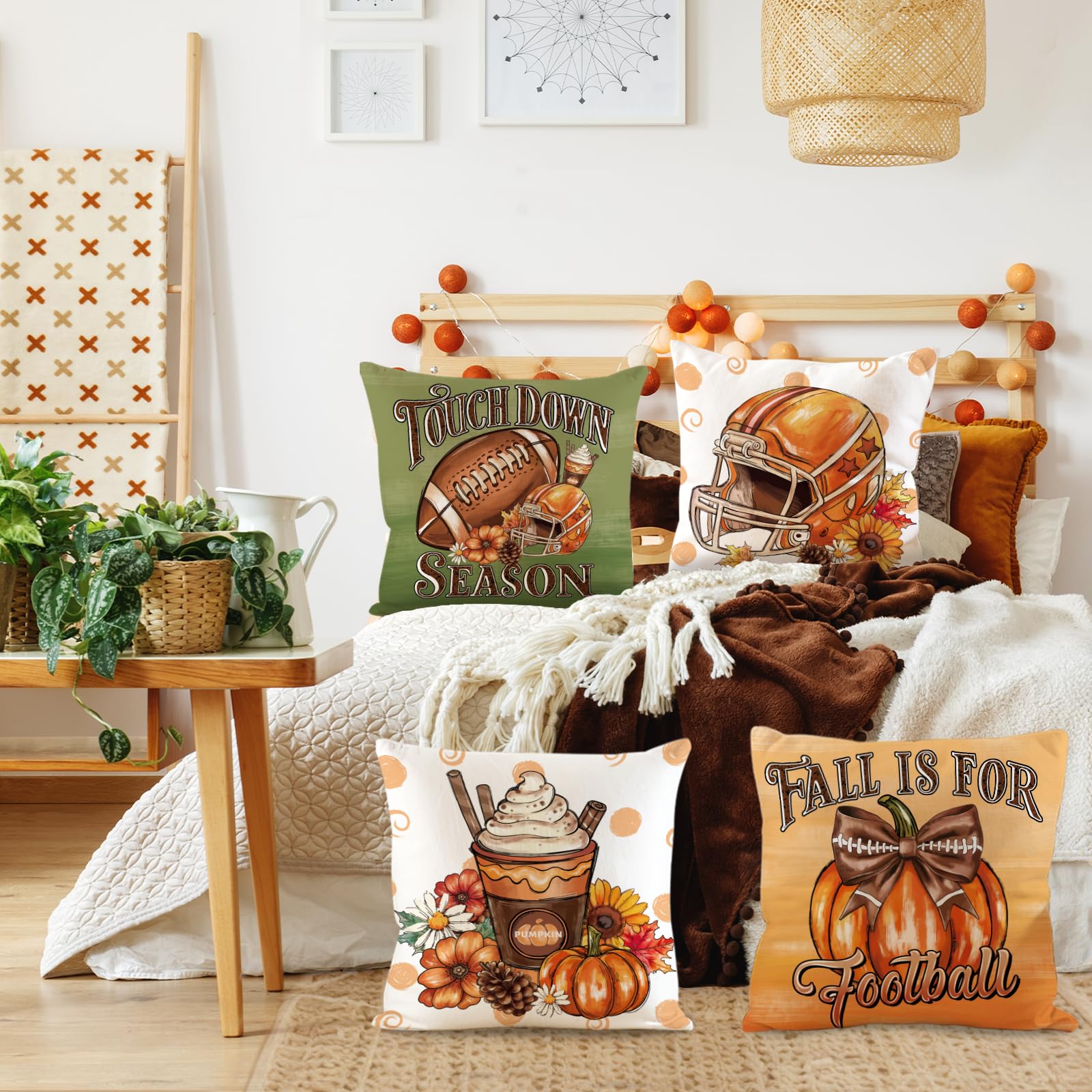 SEGXCFL Fall Pillow Covers 18x18 Set of 4,Football Velvet Throw Pillows Farmhouse Autumn Pillowcases Decorative Home Decor for Couch Sofa, Porch Bed Living Room Fall Home Decorations