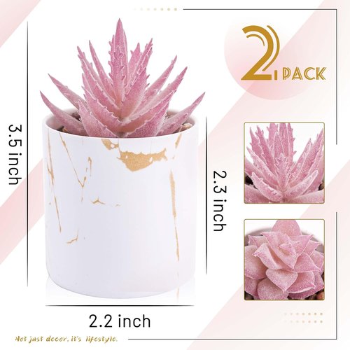 Der Rose Artificial Succulent Plants - Set of 2 Mini Fake Succulents for Office Desk Decor | Pink