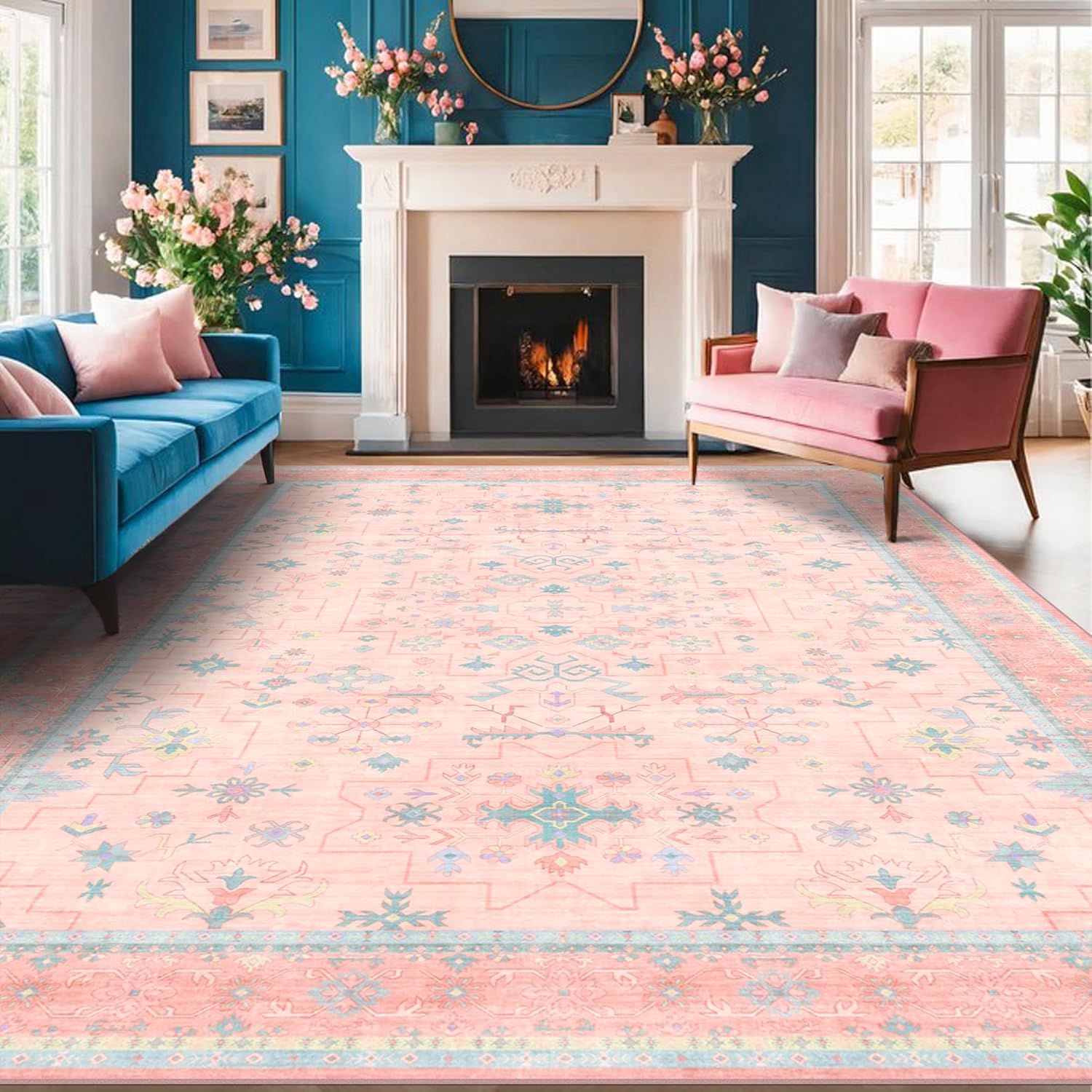 Oushak Rugs | Washable Pink and Blue 6x9 Area Rug - Soft Faux Wool, Modern Floral Design for Kids' Rooms