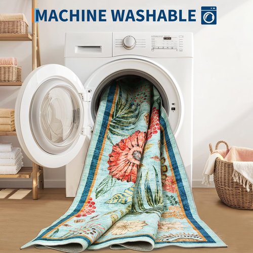 GarveeHome 5x7 Floral Washable Area Rug: Large Living Room Area Rug with Non-Slip Backing Washable Ultra Soft Bedroom Floral Carpet Indoor Stain Resistant Carpet for Dining Room 5 * 7 ft Light Blue