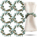 Domensi Eucalyptus Leaf Napkin Rings - Set of 6 Rustic Greenery Holders for Weddings & Dining (White Berries)