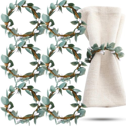 Domensi Eucalyptus Leaf Napkin Rings - Set of 6 Rustic Greenery Holders for Weddings & Dining (White Berries)
