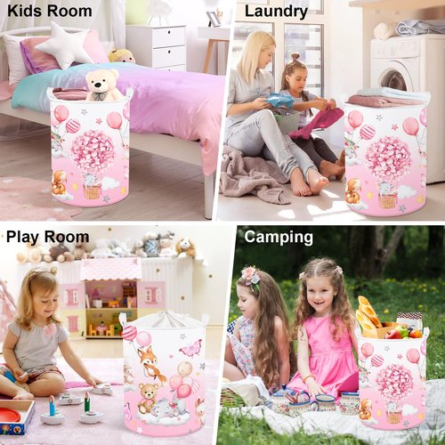 Clastyle 45L Hot Air Balloon Animal Laundry Basket Blooming Flowers Balloon Baby Nursery Basket Elephant Fox Bunny Basket Toy Clothes Pink Storage Basket for Girl Room Decor