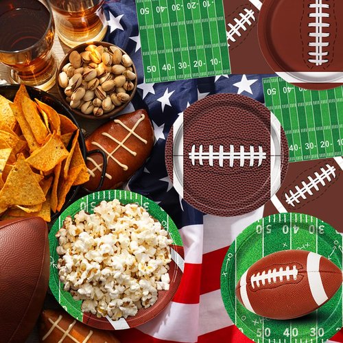 LINHAXM Football Party Decorations Includes Plates, Napkins, Cups, Banner, Balloons, Touchdown Tablecloth for Football Birthday & Tailgate Party Decorations, Serves 24