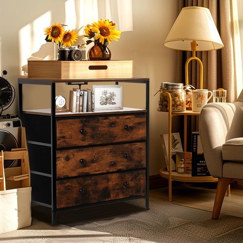 PATAVOT 3 Drawers Dresser with Charging Station, 24 Inch Wide LED Night Stand with Adjustable Fabric Drawer, Nightstand with Storage Shelf for Living Room/Bedroom/Office, Rustic Brown.