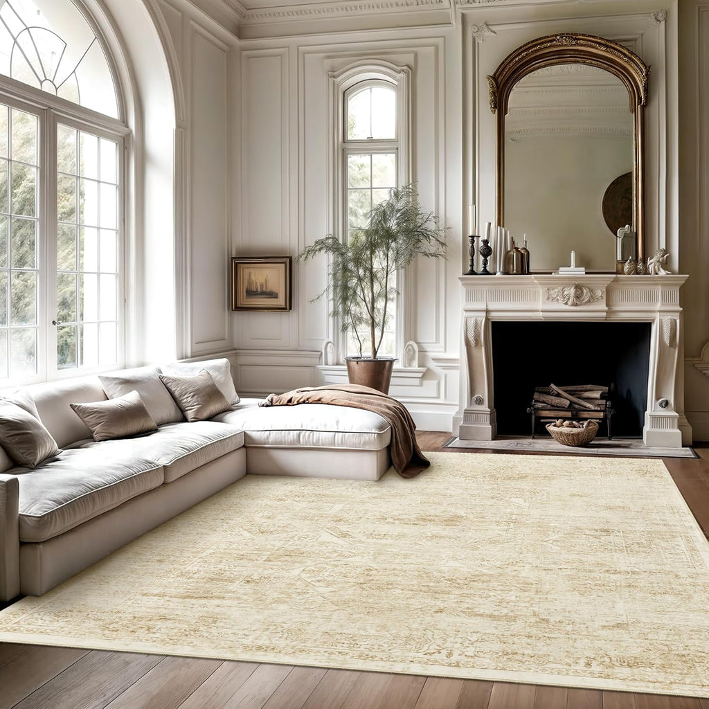 Soalmost Washable Area Rug - Vintage Beige 8x10 Soft Non-Slip Rug for Living Room & Bedroom