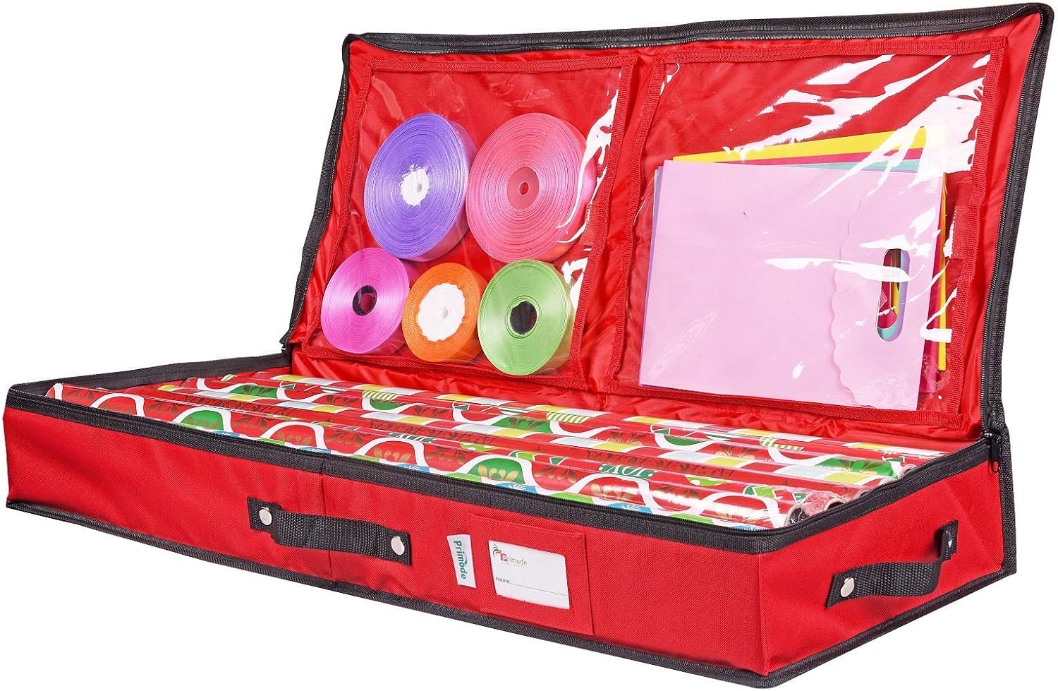 Primode Wrapping Paper Storage Container - Under Bed Gift Wrap Organizer for 30-Inch Rolls | 31”x13.5”x4.5” | Durable 600D Oxford Material with Pockets for Ribbons and Bows (Red)
