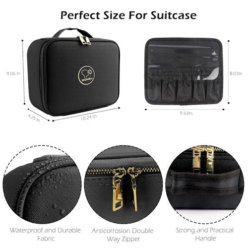 MOMIRA Travel Makeup Bag | Lighted Mirror with Adjustable Brightness | Waterproof Organizer - Black