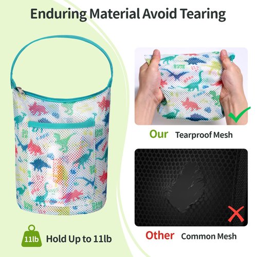 BrainyBees Kids Mesh Shower Caddy - Small Portable Toiletry Tote Bag for Camp Dorm Gym, Quick Dry Hanging Organizer with Zipper Pocket, Black Dinosaur