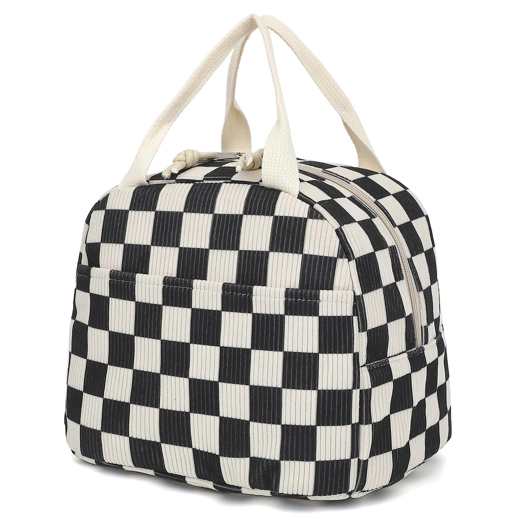 Dezcrab Corduroy Lunch Box for Women Girls, Cooler Lunch Bags Reusable Insulated Lunchbox for Picnic School Work Travel (Checkered Black)