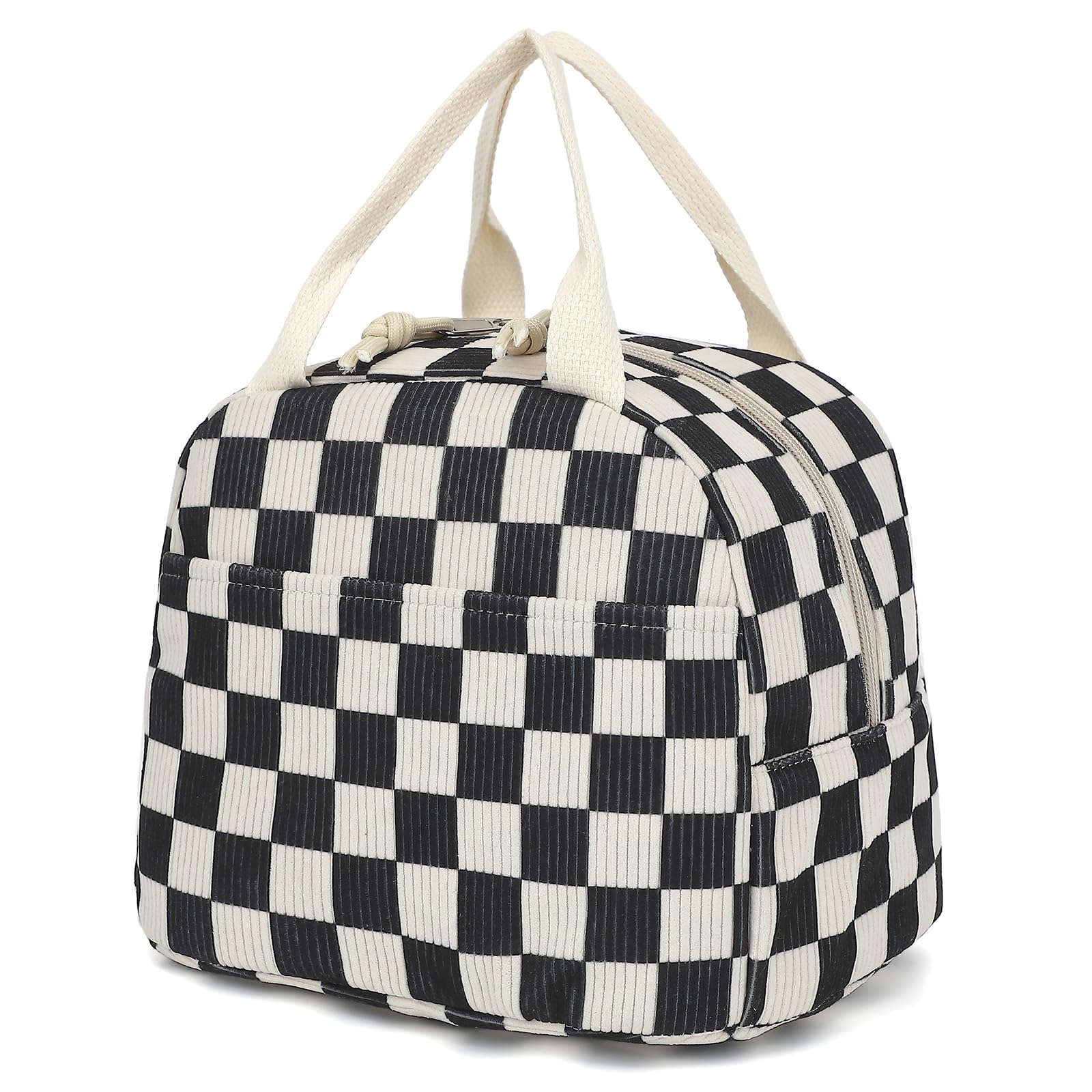Dezcrab Corduroy Lunch Box for Women Girls, Cooler Lunch Bags Reusable Insulated Lunchbox for Picnic School Work Travel (Checkered Black)