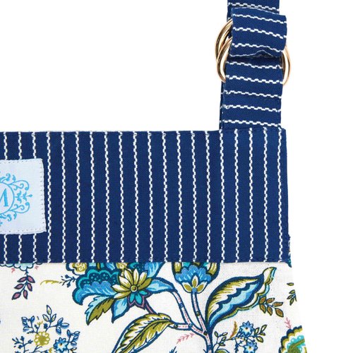 Mary DiSomma Designer Luxe Apron | Signature Floral Print Design, Navy Blue Stripe Weave, Adjustable Waist Strap, Divided Front Pocket and Adjustable Neck Strap with Gold Double Ring Clasp
