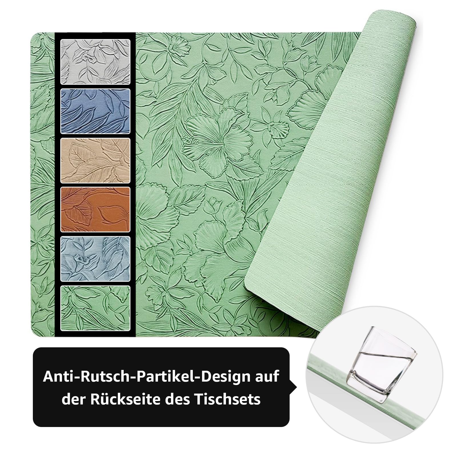 Placemats Set of 4 with 4 Coasters,Carving Floral Design,Non-Slip, Heat Resistant,Washable for Kitchen and Dining Table,Artificial Leather Place Mats (Green)