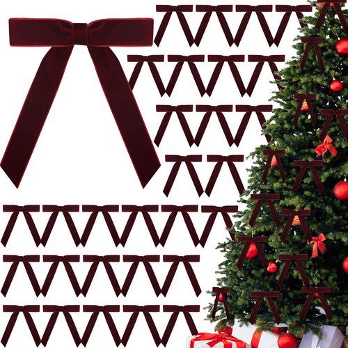 30 Pcs Christmas Velvet Wreath Bow, 5 x 7 Inch Vintage Velvet Ribbon Bows Rustic Crafts Gift Bows for Indoor Outdoor Wreaths Garland Holiday Xmas Tree Wrapping Crafts (Burgundy Red, Width of 1")