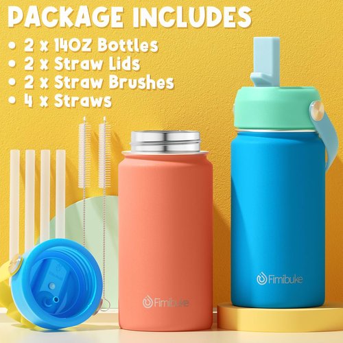 Fimibuke Kids Insulated Water Bottle - 14oz BPA-Free Double Wall Tumbler | Leak-Proof Stainless Steel (2 Pack, Underwater World)