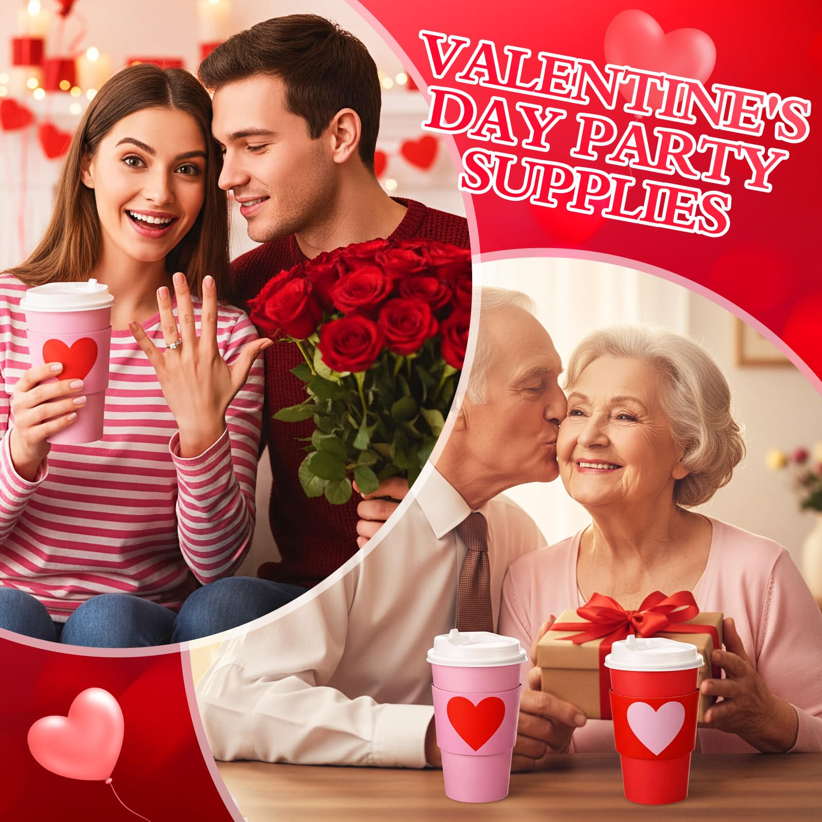 Sunnychicc 24 Set Valentine's Day Disposable Coffee Cups with Lids and Sleeves 16oz Red Pink Paper Cups Beverage Drinking Cup Heart Shaped Sleeves for Anniversary Wedding Bridal Shower Party Supplies