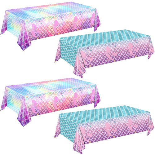 NKPDAXM 4 Pack Mermaid Tablecloth Mermaids Laser Table Cover for Girls Mermaid Birthday Party Decorations, 108x54 Inch